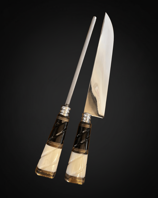 Kit Faca e Chaira Premium Profissional em Aço Inox 304 Exclusivo Cabo Reto