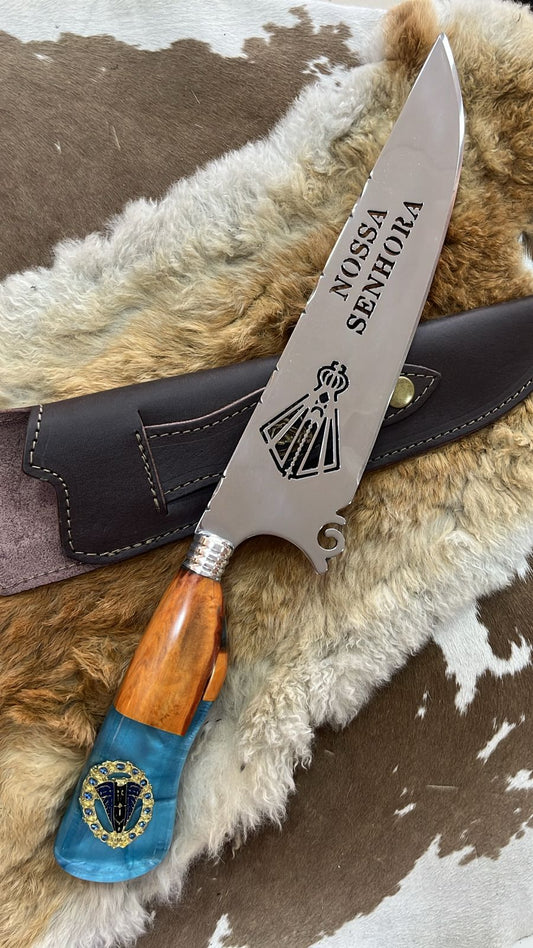 Faca Profissional Exclusiva Nossa Senhora Aparecida 8" – Aço Inox 420 Premium + Bainha - 35cm (20 cm de Lâmina)