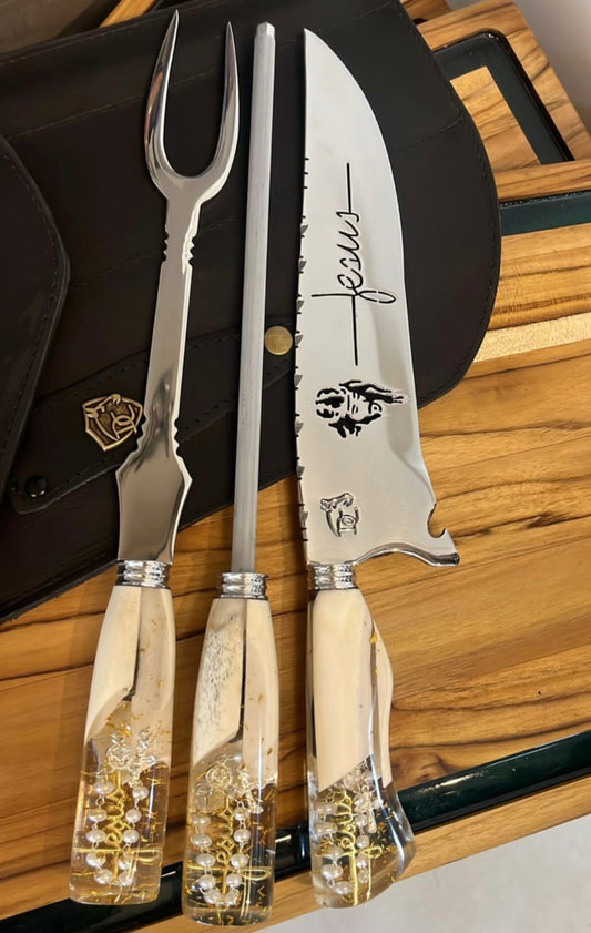 Conjunto Premium Exclusivo – Faca, Garfo e Chaira Personalizados Jesus 👑 - Aço Inox 420 - 8" polegadas