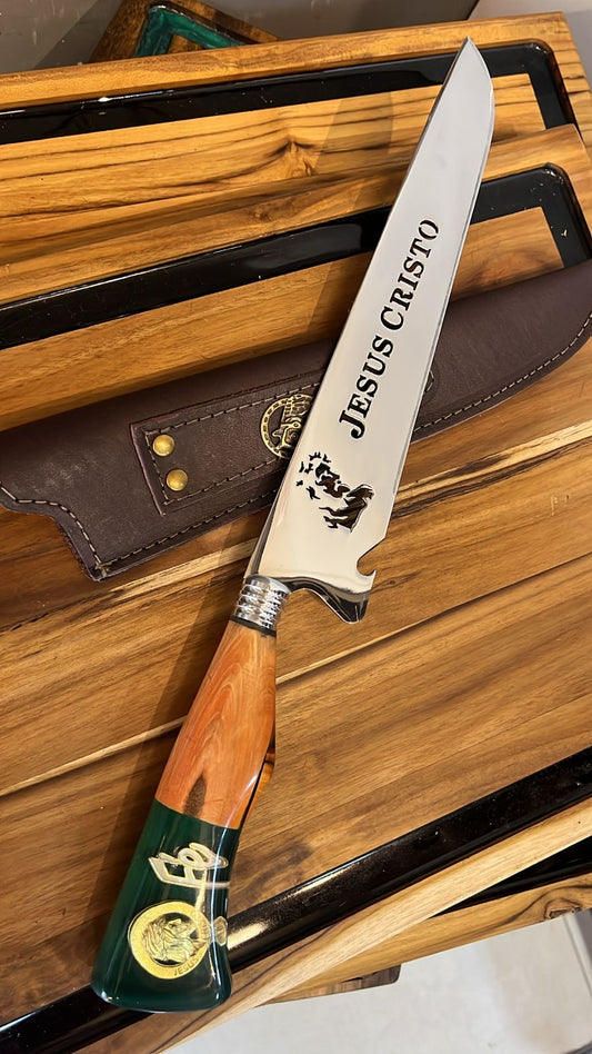 Faca Profissional Exclusiva Jesus Cristo 8" – Aço Inox 304 Premium + Bainha - 35cm (20 cm de Lâmina)
